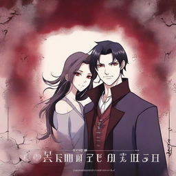 Create an animated book cover in manga style featuring a romantic fantasy vampire theme