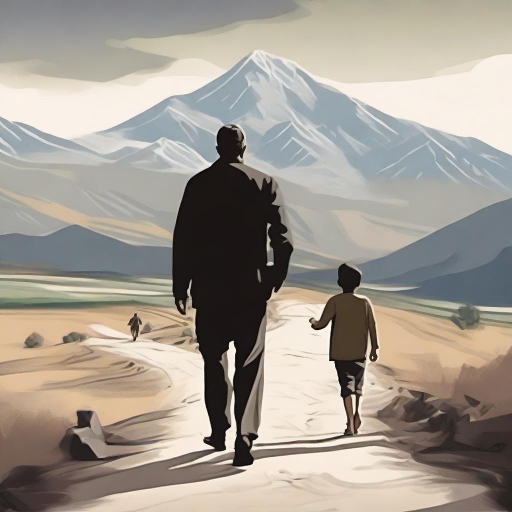 Create an image of a man and his son walking towards the front