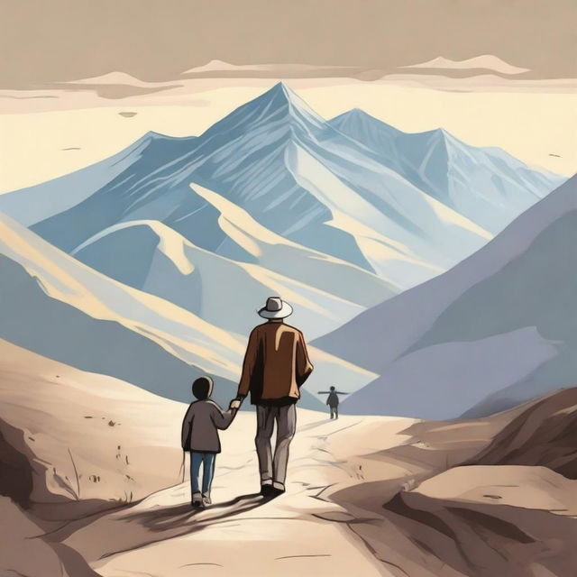 Create an image of a man and his son walking towards the front