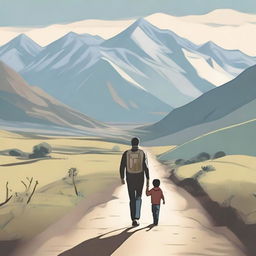 Create an image of a man and his son walking towards the front