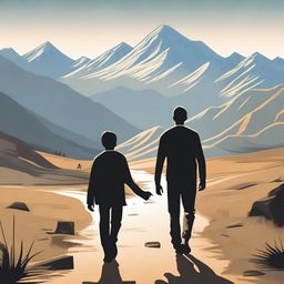 Create an image of a man and his son walking towards the front