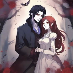 Create an animated book cover in manga style featuring a romantic fantasy vampire theme