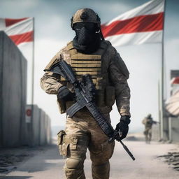 A soldier wearing a PMC uniform and a skull mask like Ghost from Modern Warfare walks to the right, leaving space in the center