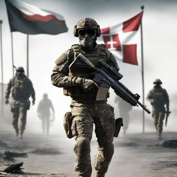 A soldier wearing a PMC uniform and a skull mask like Ghost from Modern Warfare walks to the right, leaving space in the center