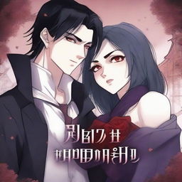 Create an animated book cover in manga style featuring a romantic fantasy vampire theme