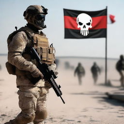 A soldier wearing a PMC uniform and a skull mask like Ghost from Modern Warfare walks to the right, leaving space in the center