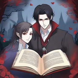 Create an animated book cover in manga style featuring a romantic fantasy vampire theme