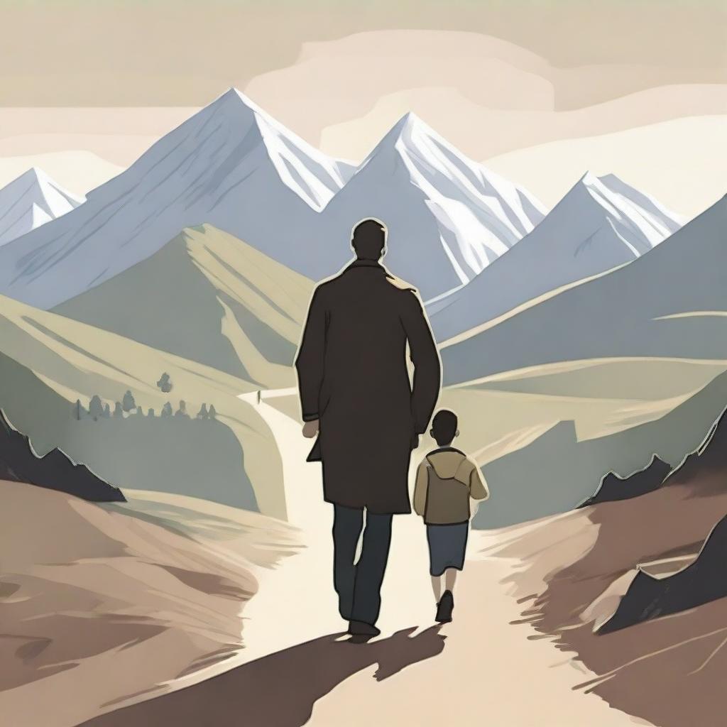 Create an image of a man and his son walking towards the front, with their faces visible