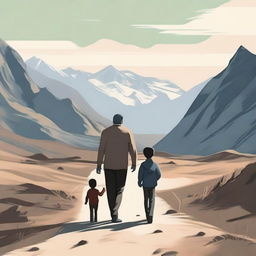 Create an image of a man and his son walking towards the front, with their faces visible