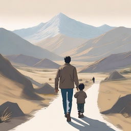 Create an image of a man and his son walking towards the front, with their faces visible