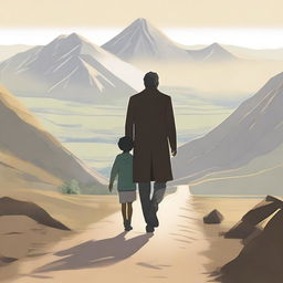 Create an image of a man and his son walking towards the front, with their faces visible