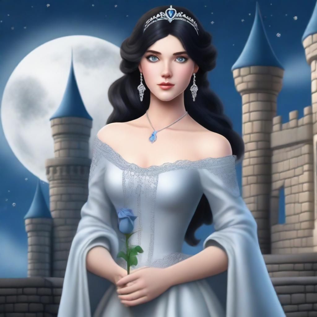 A realistic depiction of a beautiful woman with black hair and blue eyes, dressed in princess attire, is standing in a castle, holding a grey rose