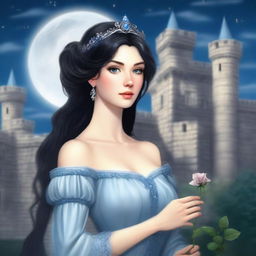 A realistic depiction of a beautiful woman with black hair and blue eyes, dressed in princess attire, is standing in a castle, holding a grey rose