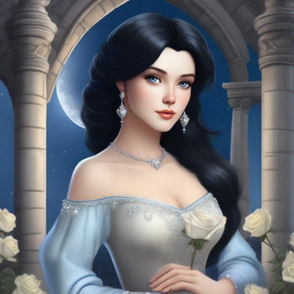 A realistic depiction of a beautiful woman with black hair and blue eyes, dressed in princess attire, is standing in a castle, holding a grey rose