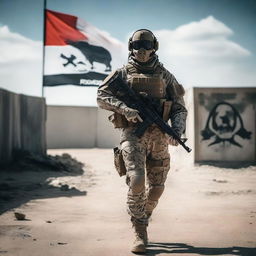 A soldier wearing a PMC uniform and a skull mask like Ghost from Modern Warfare walks to the right, leaving space in the center