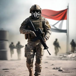 A soldier wearing a PMC uniform and a skull mask like Ghost from Modern Warfare walks to the right, leaving space in the center