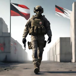 A soldier wearing a PMC uniform and a skull mask like Ghost from Modern Warfare walks to the right, leaving space in the center