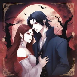 Create an animated book cover in manga style featuring a romantic fantasy vampire theme