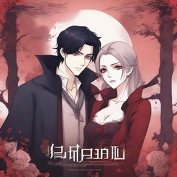 Create an animated book cover in manga style featuring a romantic fantasy vampire theme