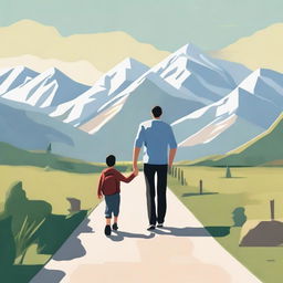 Create an image of a man and his son walking towards the front, with their faces visible