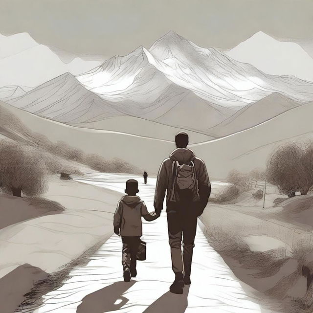 Create an image of a man and his son walking towards the front, with their faces visible