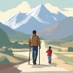 Create an image of a man and his son walking towards the front, with their faces visible