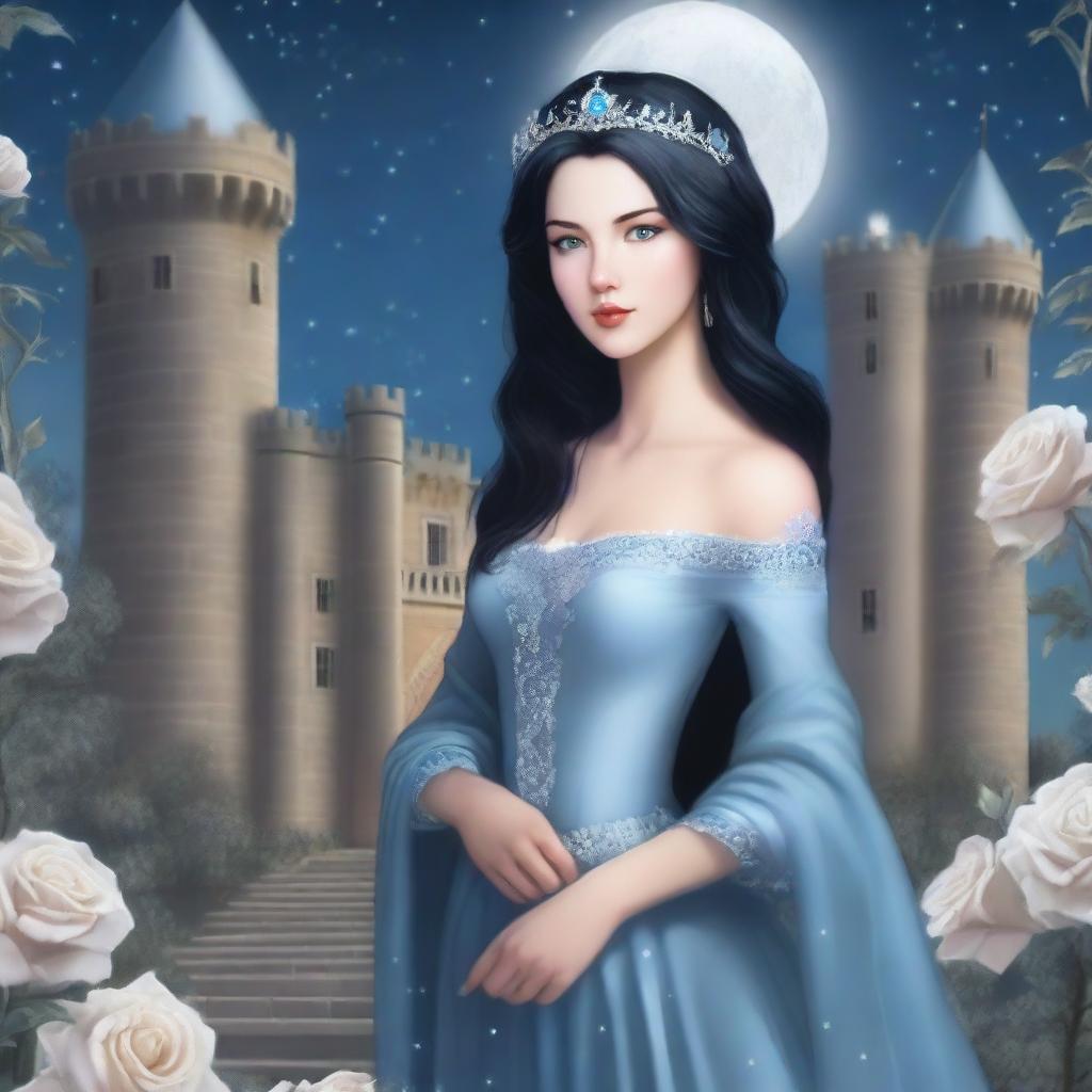 A realistic depiction of a beautiful woman with black hair and blue eyes, dressed in princess attire, is standing in a castle