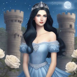 A realistic depiction of a beautiful woman with black hair and blue eyes, dressed in princess attire, is standing in a castle