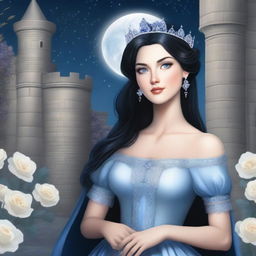 A realistic depiction of a beautiful woman with black hair and blue eyes, dressed in princess attire, is standing in a castle