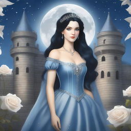 A realistic depiction of a beautiful woman with black hair and blue eyes, dressed in princess attire, is standing in a castle