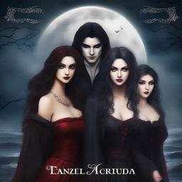 Create an animated book cover featuring a dark vampire quartet, including a mysterious male vampire, a beautiful female vampire, a wolf-vampire, and a very pretty human woman