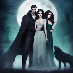 Create an animated book cover featuring a dark vampire quartet, including a mysterious male vampire, a beautiful female vampire, a wolf-vampire, and a very pretty human woman