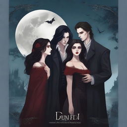 Create an animated book cover featuring a dark vampire quartet, including a mysterious male vampire, a beautiful female vampire, a wolf-vampire, and a very pretty human woman