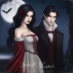 Create an animated book cover featuring a dark vampire quartet, including a mysterious male vampire, a beautiful female vampire, a wolf-vampire, and a very pretty human woman