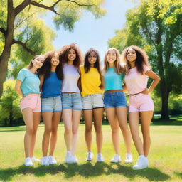 A group of 10 girls standing together, smiling and having fun