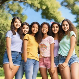 A group of 10 girls standing together, smiling and having fun