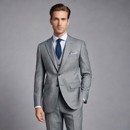 A fashionable man dressed in a tailored, sophisticated grey suit, positioned as if in a professional photoshoot