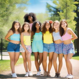 A group of 10 girls standing together, smiling and having fun