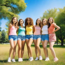 A group of 10 girls standing together, smiling and having fun