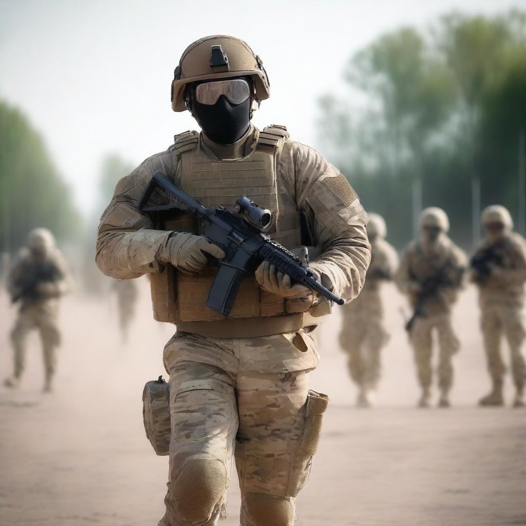 A soldier walks from the right, moving forward, wearing a MULTICAM uniform and a mask similar to Ghost from Modern Warfare