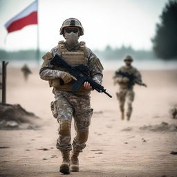 A soldier walks from the right, moving forward, wearing a MULTICAM uniform and a mask similar to Ghost from Modern Warfare