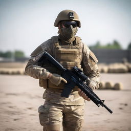 A soldier walks from the right, moving forward, wearing a MULTICAM uniform and a mask similar to Ghost from Modern Warfare