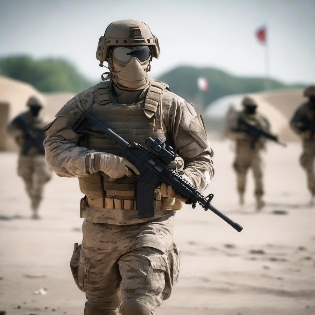 A soldier walks from the right, moving forward, wearing a MULTICAM uniform and a mask similar to Ghost from Modern Warfare