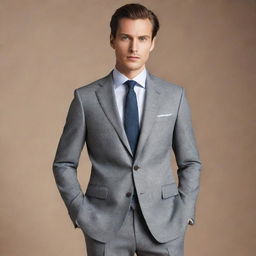 A fashionable man dressed in a tailored, sophisticated grey suit, positioned as if in a professional photoshoot