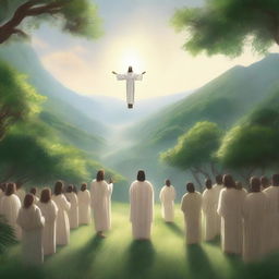 A serene valley with Jesus Christ standing in the center, surrounded by lush greenery and a peaceful atmosphere