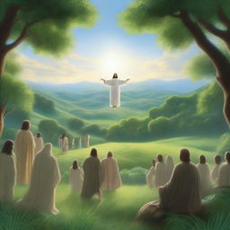 A serene valley with Jesus Christ standing in the center, surrounded by lush greenery and a peaceful atmosphere