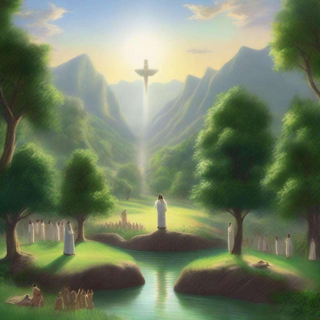 A serene valley with Jesus Christ standing in the center, surrounded by lush greenery and a peaceful atmosphere