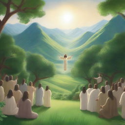 A serene valley with Jesus Christ standing in the center, surrounded by lush greenery and a peaceful atmosphere