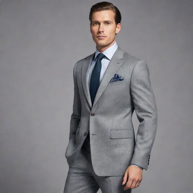 A fashionable man dressed in a tailored, sophisticated grey suit, positioned as if in a professional photoshoot