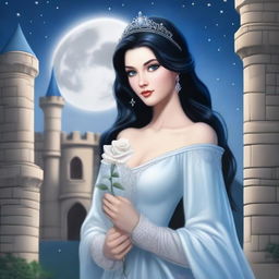 A realistic depiction of a beautiful woman with black hair and blue eyes, dressed in princess attire, is standing in a castle, looking at a large full white moon with stars in the sky